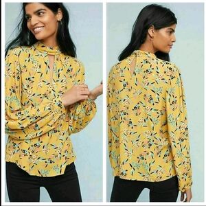 Anthropologie Maeve Meadowsweet Yellow Floral Blouse Women's 0 Vibrant Bohemian